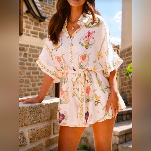 Women's Floral Print Summer Top & Shorts Set, Elegant Waist Tie Romper - Picture 4 of 5